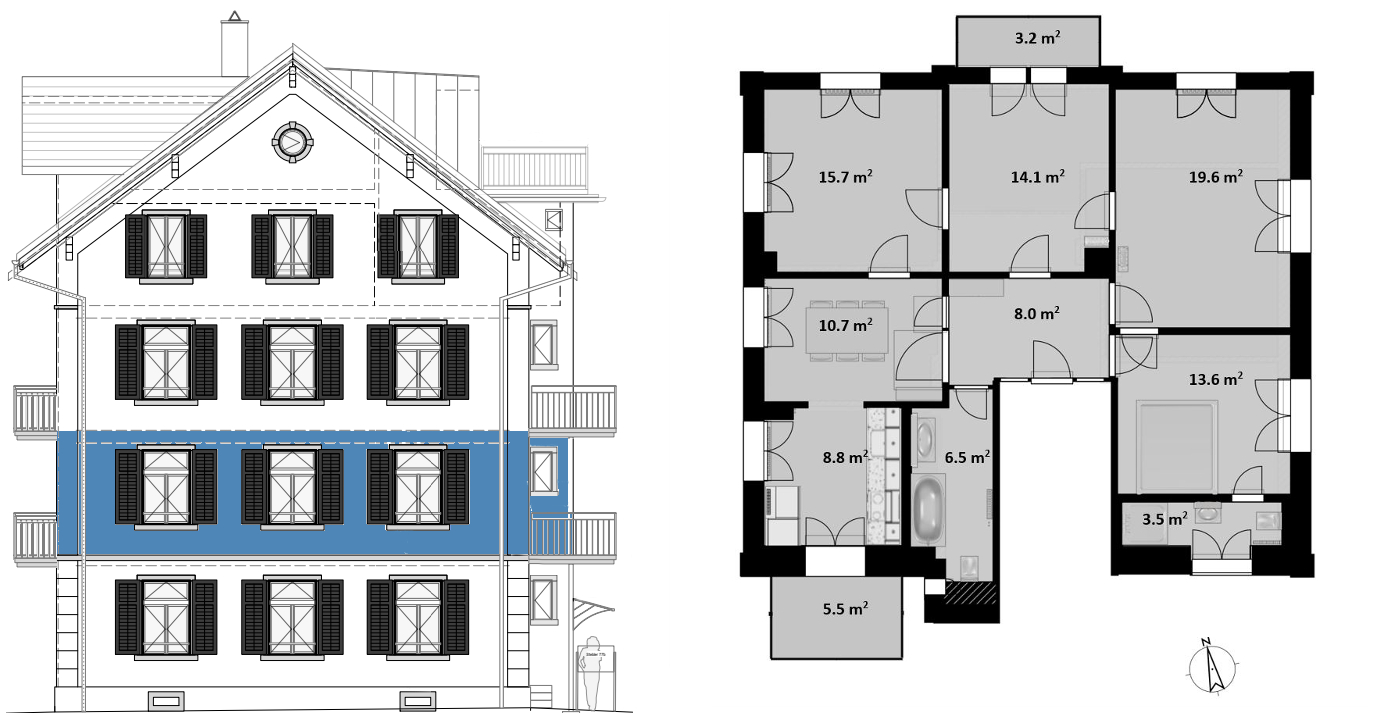 1. OG - Ansicht Westfassade & Grunriss